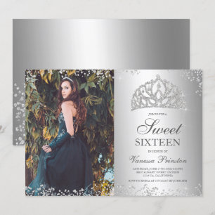 Invitación Purpurina de plata foto metálica tiara Sweet 16
