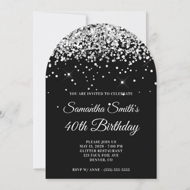 Invitación Purpurina de plata foto negra 40 cumpleaños (Anverso)