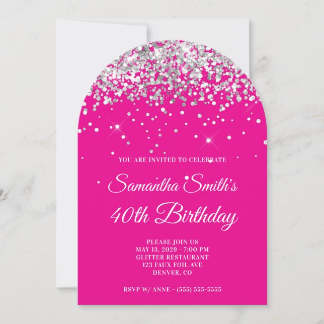Invitación Purpurina de plata foto rosa caliente 40 cumpleaño (Anverso)