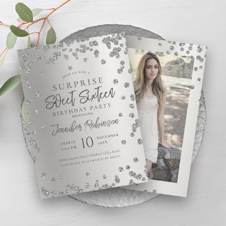 Invitación Purpurina de Plata Foto SORPRISE Sweet 16