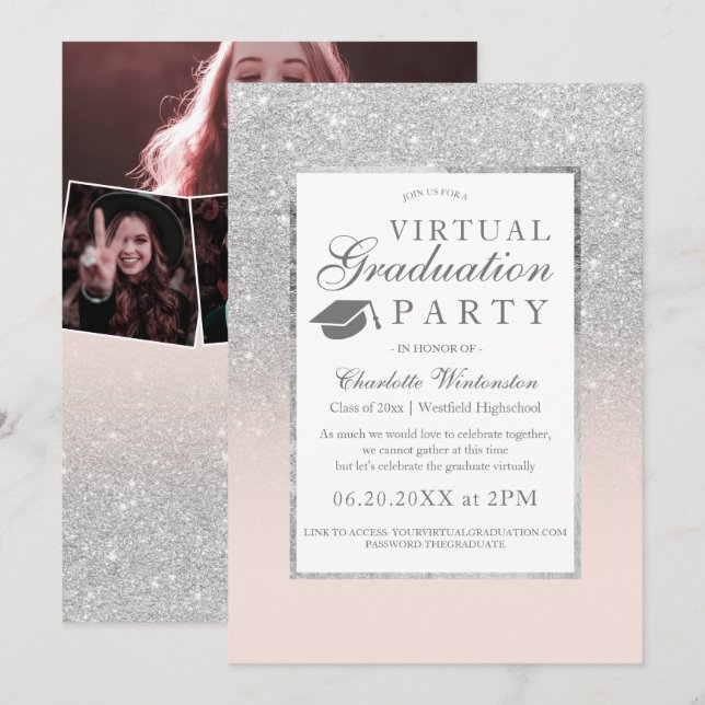 Invitación Purpurina de plata fotografía fiesta virtual de gr (Anverso / Reverso)