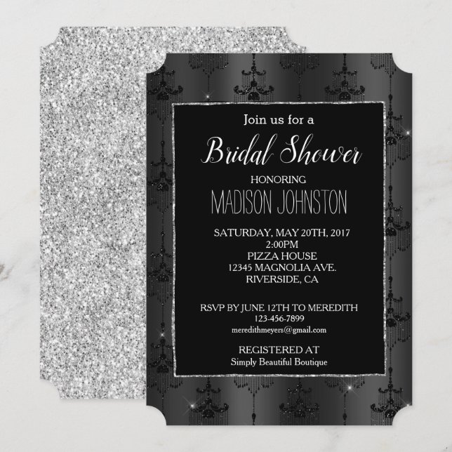 Invitación Purpurina de plata Glam Black Chandeliers (Anverso / Reverso)