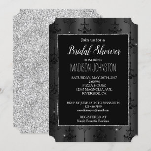 Invitación Purpurina de plata Glam Black Chandeliers