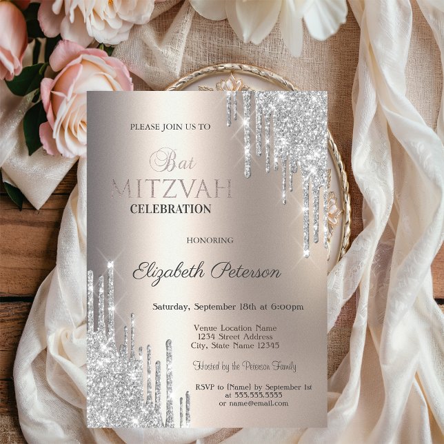 Invitación Purpurina de plata gotea bat de marfil metálico Mi (Subido por el creador)