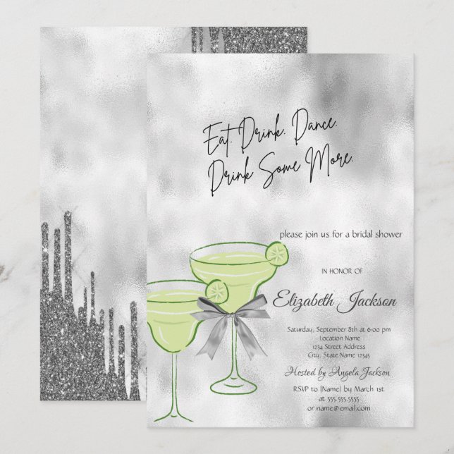 Invitación Purpurina de plata gotea ducha martinita de novia (Anverso / Reverso)