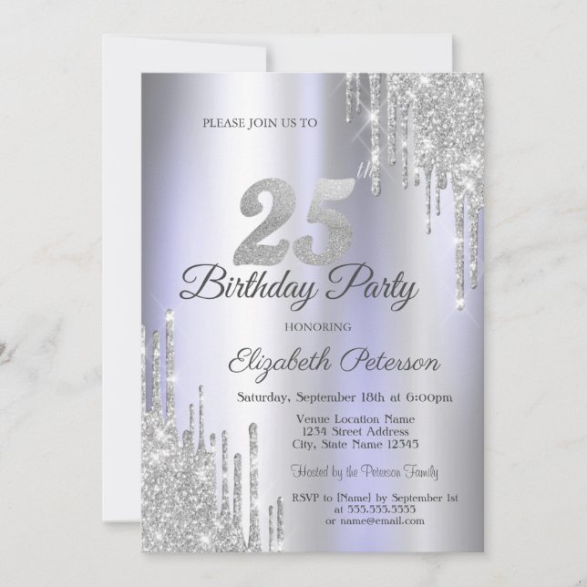 Invitación Purpurina de plata gotea ligero morado 25 cumpleañ (Anverso)