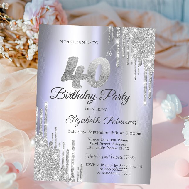 Invitación Purpurina de plata gotea ligero morado 40 cumpleañ (Subido por el creador)
