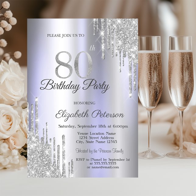 Invitación Purpurina de plata gotea ligero morado 80 cumpleañ (Subido por el creador)
