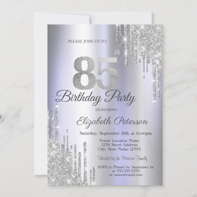 Invitación Purpurina de plata gotea ligero morado 85 cumpleañ (Anverso)