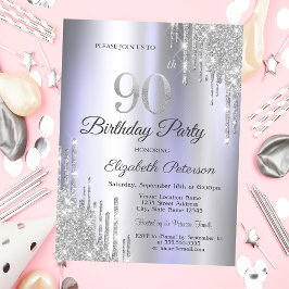 Invitación Purpurina de plata gotea ligero morado 90 cumpleañ