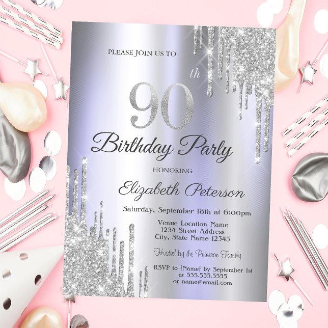 Invitación Purpurina de plata gotea ligero morado 90 cumpleañ (Subido por el creador)