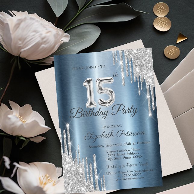 Invitación Purpurina de plata gotea metal azul 15º cumpleaños (Subido por el creador)