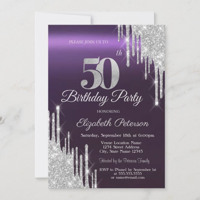 Invitación Purpurina de plata gotea morado oscuro 50 cumpleañ (Anverso)