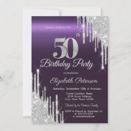 Invitación Purpurina de plata gotea morado oscuro 50 cumpleañ
