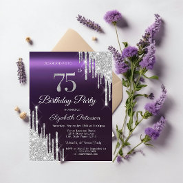 Invitación Purpurina de plata gotea morado oscuro 75 cumpleañ