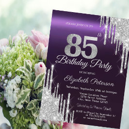 Invitación Purpurina de plata gotea morado oscuro 85 cumpleañ