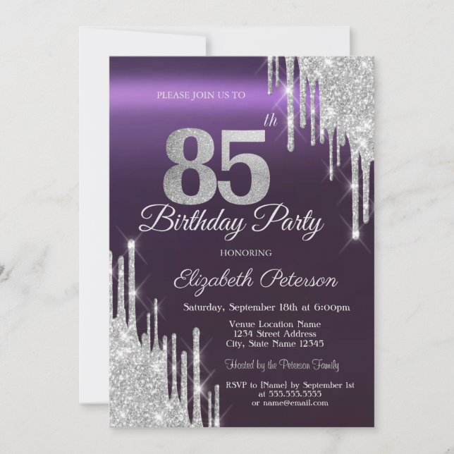 Invitación Purpurina de plata gotea morado oscuro 85 cumpleañ (Anverso)