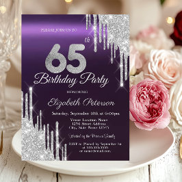 Invitación Purpurina de plata gotea morado oscuro cumpleaños 