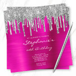 Invitación Purpurina de plata gotea Relieve metalizado rosado<br><div class="desc">Invitar a los chicas a su celebración de cumpleaños número 60 con estilo. En la parte superior de la invitación hay un purpurina decorativo de Relieve metalizado y de plata brillante. La invitación de cumpleaños de personalizable en un elegante tipo de letra caligráfica va en contra de una imagen de...</div>