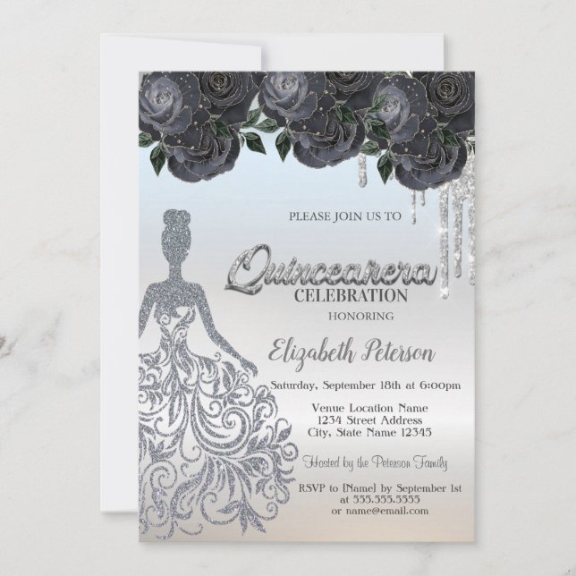 Invitación Purpurina de plata gotea Rosas negros dulce 16 (Anverso)