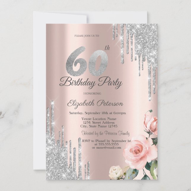 Invitación Purpurina de plata gotea Rosas Rosa Oro 60 (Anverso)