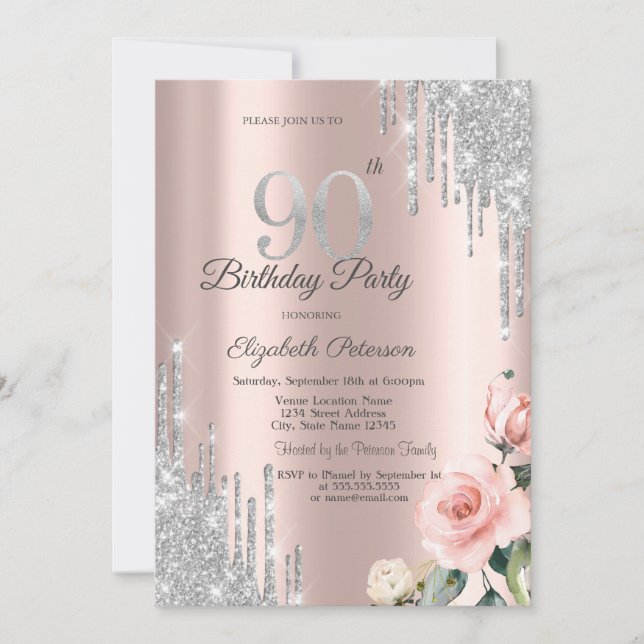 Invitación Purpurina de plata gotea Rosas Rosa Oro 90 (Anverso)