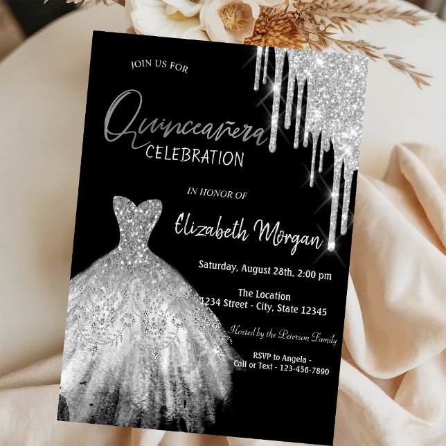 Invitación Purpurina de plata gotea vestido negro Quinceañera (Subido por el creador)