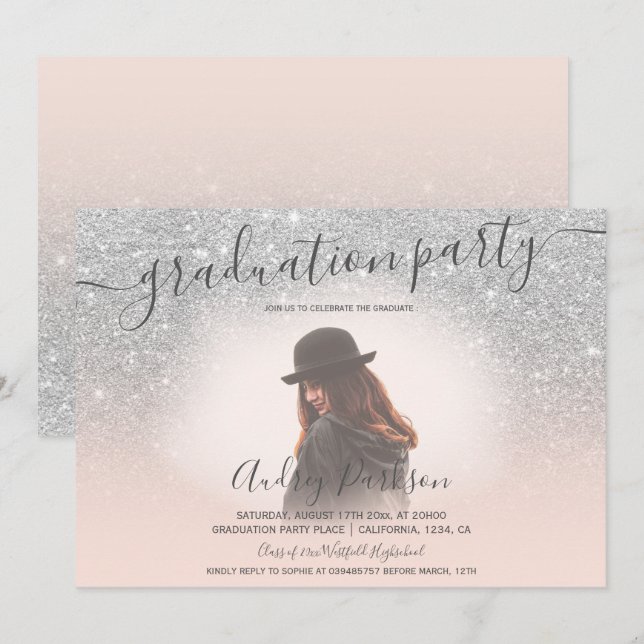 Invitación Purpurina de plata graduación de foto de moda rosa (Anverso / Reverso)