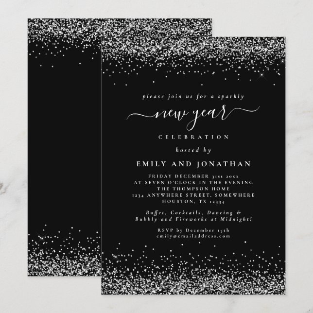 Invitación Purpurina de Plata Guión Negro Año Nuevo Fiesta (Anverso / Reverso)