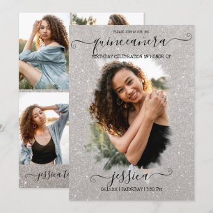 Invitación Purpurina de plata Halo Collage de fotos Quinceañe