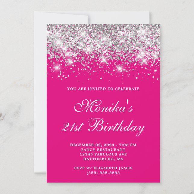 Invitación Purpurina de Plata Hot Pink Bold 21º Cumpleaños (Anverso)