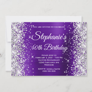 Invitación Purpurina de Plata Indigo Purple Fancy 40º cumplea