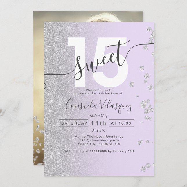 Invitación Purpurina de plata lavanda oscura Quinceanera foto (Anverso / Reverso)