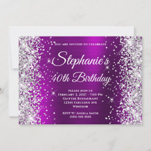Invitación Purpurina de plata Magenta Purple Fancy 40 cumplea