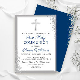 Invitación Purpurina de Plata Marina Azul Primera Santa Comun