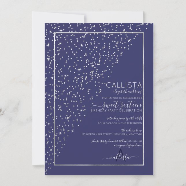 Invitación Purpurina de plata marina Diagonal Confetti Sweet  (Anverso)