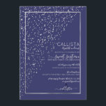 Invitación Purpurina de plata marina Diagonal Confetti Sweet<br><div class="desc">Esta elegante y única y dulce invitación para 16 cumpleaños es ideal para un evento formal y elegante. Presenta un falso purpurina de plata brillante impreso rociado diagonalmente a través de la invitación en la parte superior de un delgado borde rectangular de plata con un fondo azul marino. Es moda,...</div>