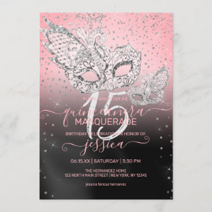 Invitación Purpurina de plata Mascarada negra rosa Quinceañer