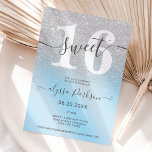 Invitación Purpurina de plata moda azul girly Sweet 16<br><div class="desc">El purpurina plateado luce náuseas sobre el azul del hielo con una tipografía caligráfica de escritura dulce invitación de fiesta de 16 años. Perfecto para un elegante y moderno fiesta dulce dieciséis. Añade tu foto al fondo.</div>