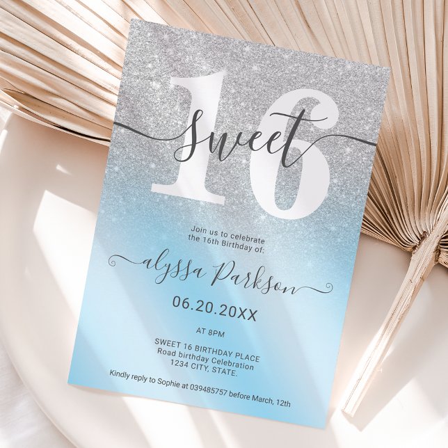 Invitación Purpurina de plata moda azul girly Sweet 16 (Subido por el creador)