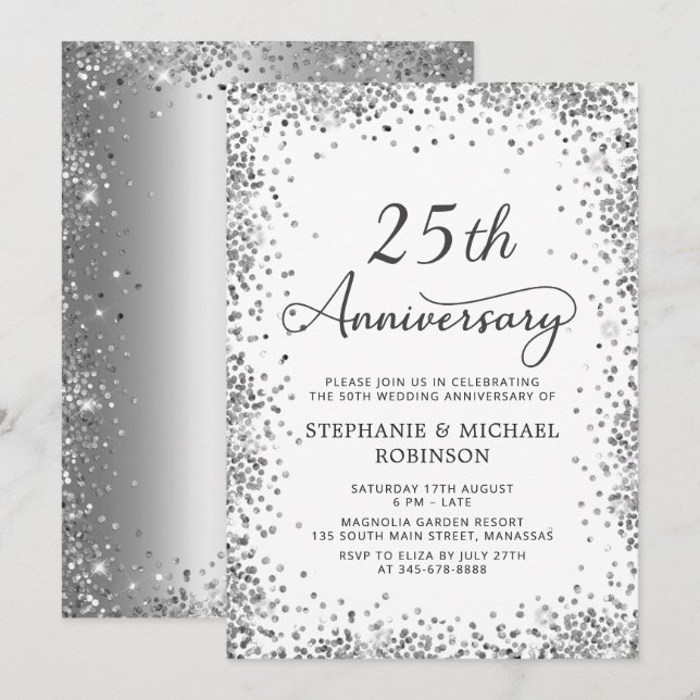 Invitación Purpurina de Plata Moderna 25° Aniversario del Bod (Anverso / Reverso)