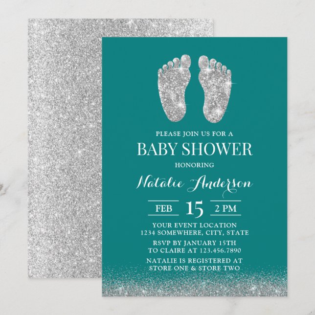 Invitación Purpurina de plata moderna Baby Shower: Verde azul (Anverso / Reverso)