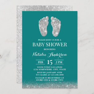 Invitación Purpurina de plata moderna Baby Shower: Verde azul