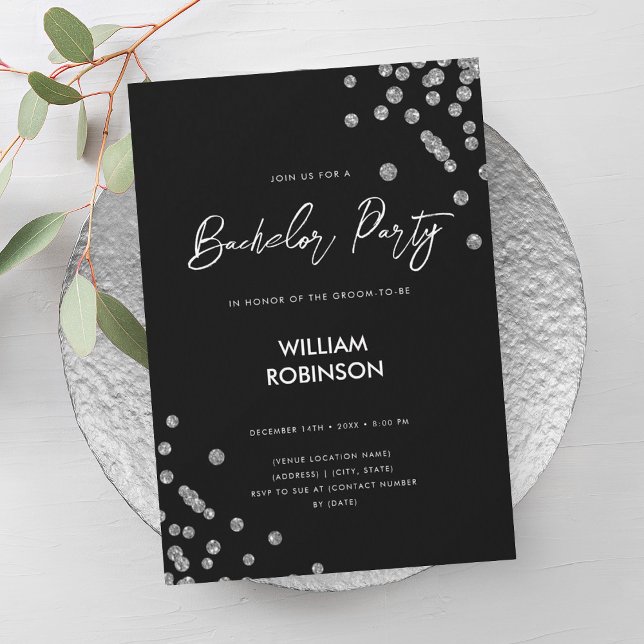 Invitación Purpurina de Plata Moderna Confetti Bachelor Party (Modern Silver Glitter Confetti Bachelor Party Invitation)