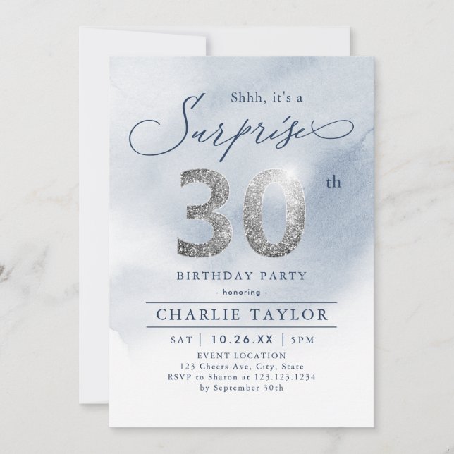 Invitación Purpurina de plata moderna sorpresa adulto 30 años (Anverso)