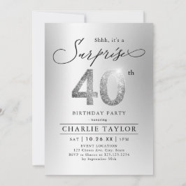 Invitación Purpurina de plata moderna sorpresa adulto 40 años