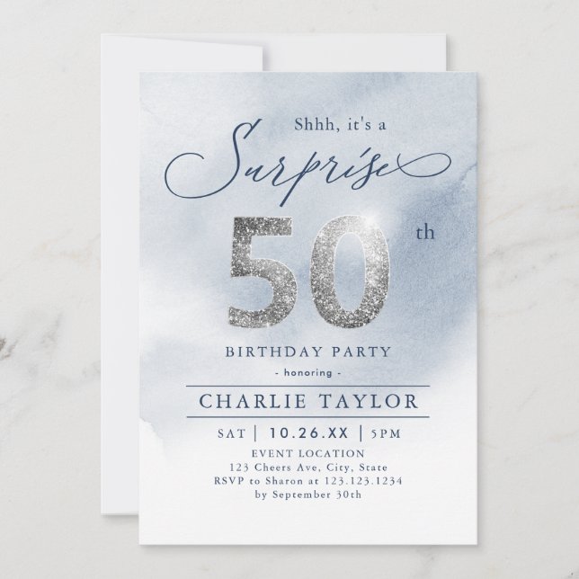 Invitación Purpurina de plata moderna sorpresa adulto 50 años (Anverso)