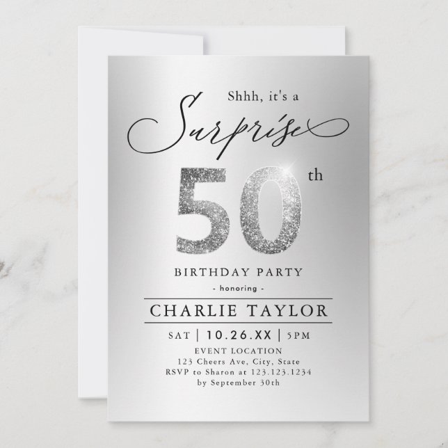 Invitación Purpurina de plata moderna sorpresa adulto 50 años (Anverso)
