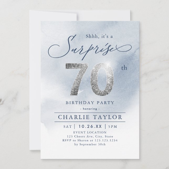 Invitación Purpurina de plata moderna sorpresa adulto 70 años (Anverso)