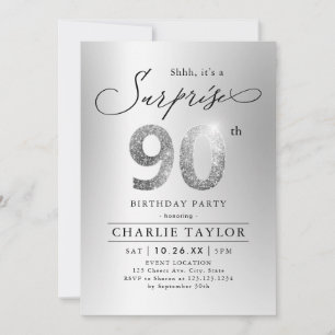 Invitación Purpurina de plata moderna sorpresa adulto 90 años